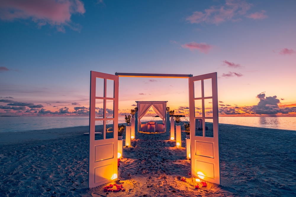 Romantic,Proposal,Sunset,Dinner.,Candles,White,Decoration,Pavilion,,Door,Close